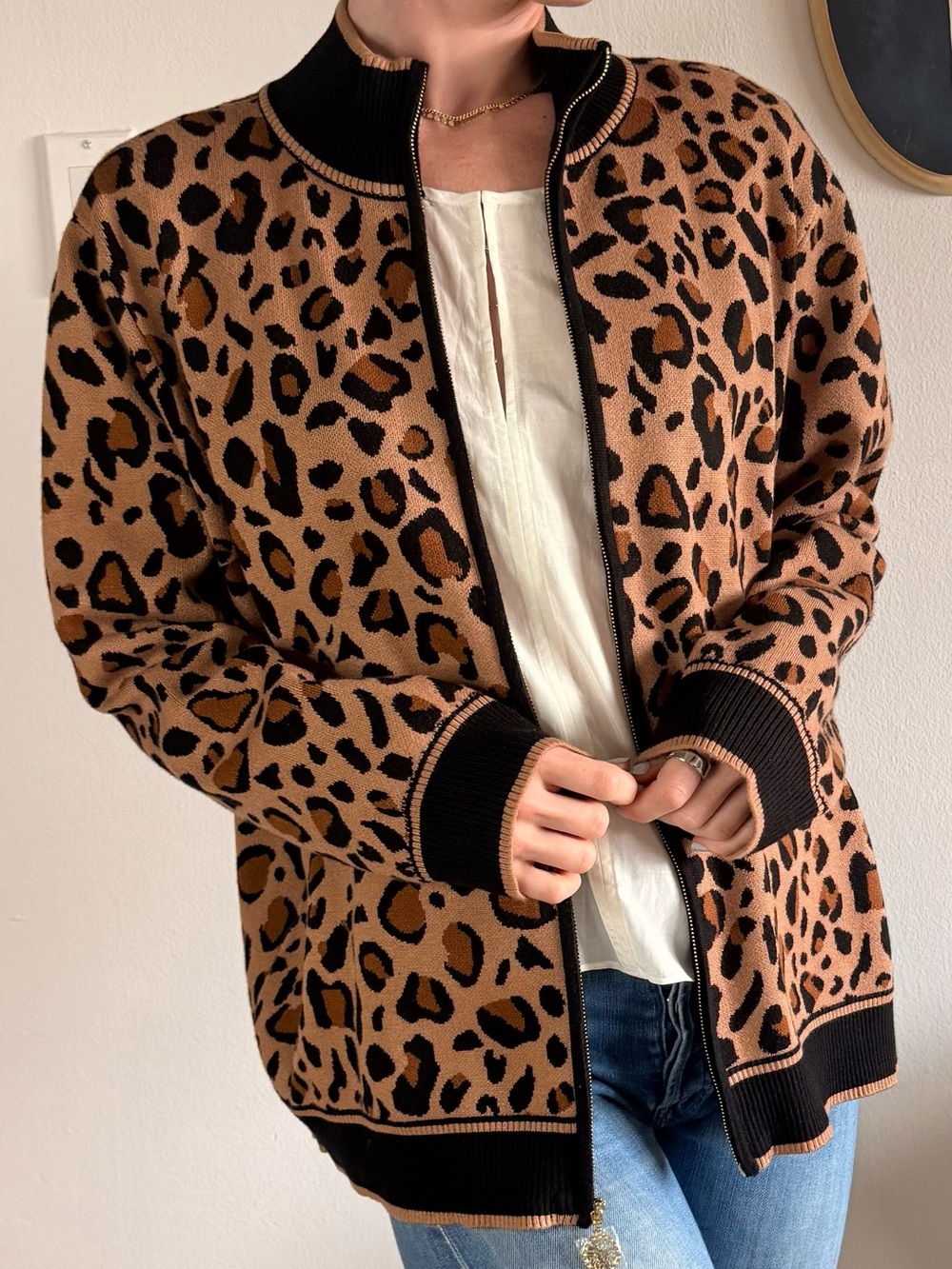Anne Klein Leopard-Print Zip Up Cardigan- Brown & Black